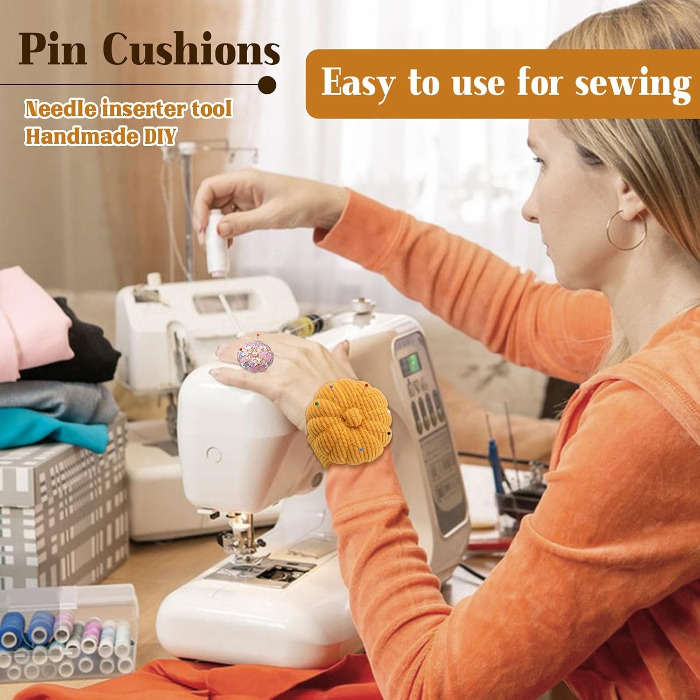 UzecPk Wrist Pin Cushions for Sewing Cute, Sewing Pin Cushion, Wrist Pin Cushion Finger Ring Pincushion with Elastic Strap, Sewing Products with 200PCS Sewing Pins for Sewing and Quilting