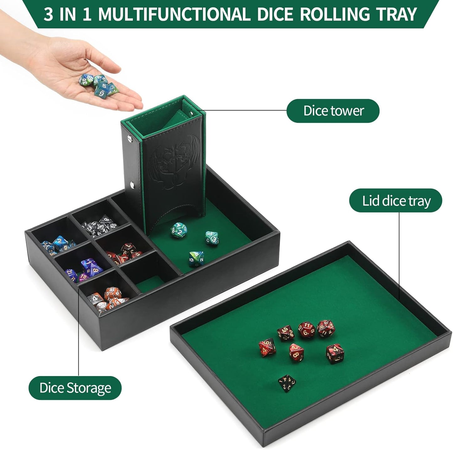 3 in 1 Dice Tray with Lid, Portable Dice Box Storage, D&D RPG MTG Table Games (Green)