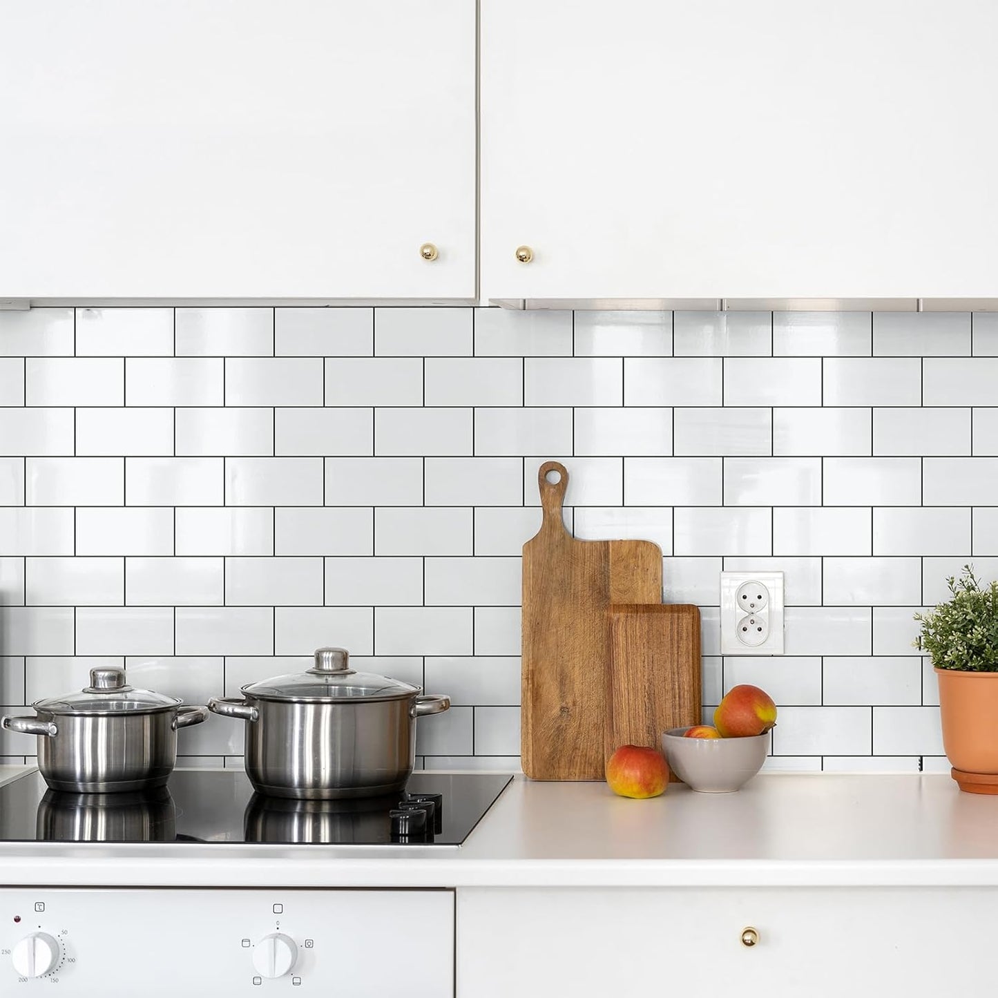 4 Pieces Peel and Stick Backsplash for Kitchen, 3" x 6" PVC Subway Tile 2025 Upgraded Glossy White with Dark Gray Grout Backsplash Stick on Tile Elevate Kitchen, Bathroom, Fireplace,RV