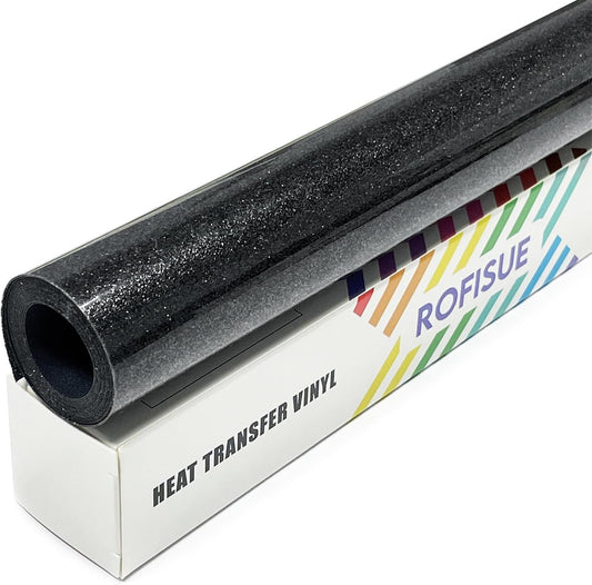 Black Glitter HTV Heat Transfer Vinyl 12" x6FT Glitter Vinyl for T Shirts Easy to Cut and Weed Compatible with All Cutter Machines HTV Vinyl Iron on for Cricut (Black, 12Inches*6Ft)