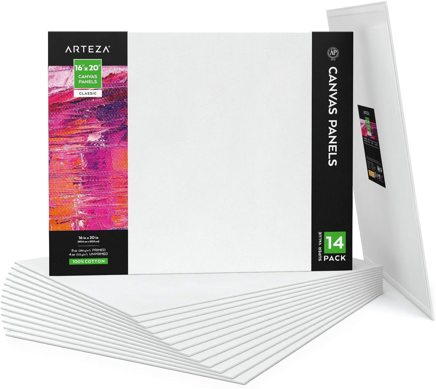 ARTEZA Canvas Boards for Painting, 16 x 20 Inches, Pack of 14, Blank White Canvas Panels for Acrylic, Oil and Gouache Painting