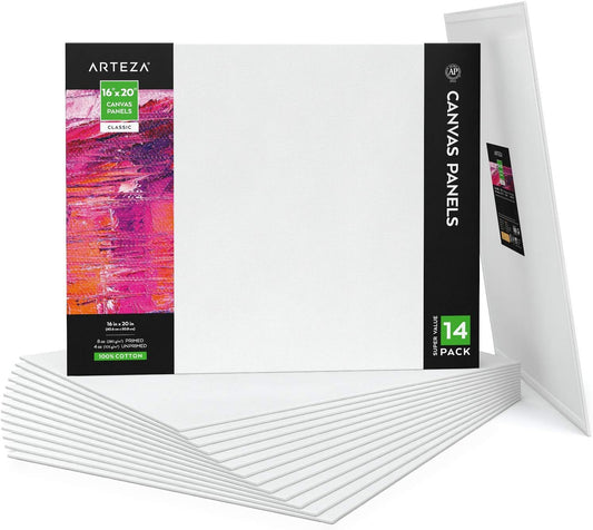 ARTEZA Canvas Boards for Painting, 16 x 20 Inches, Pack of 14, Blank White Canvas Panels for Acrylic, Oil and Gouache Painting