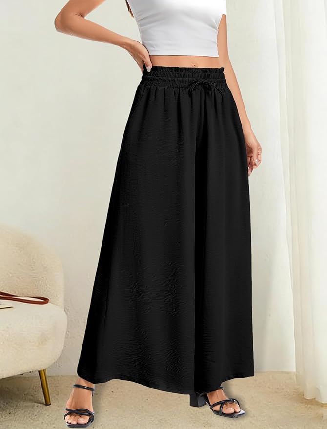 Women’s Wide Leg Pants Drawstring Elastic Waist Casual Trousers Lightweight Loose Lounge Pants with Pockets