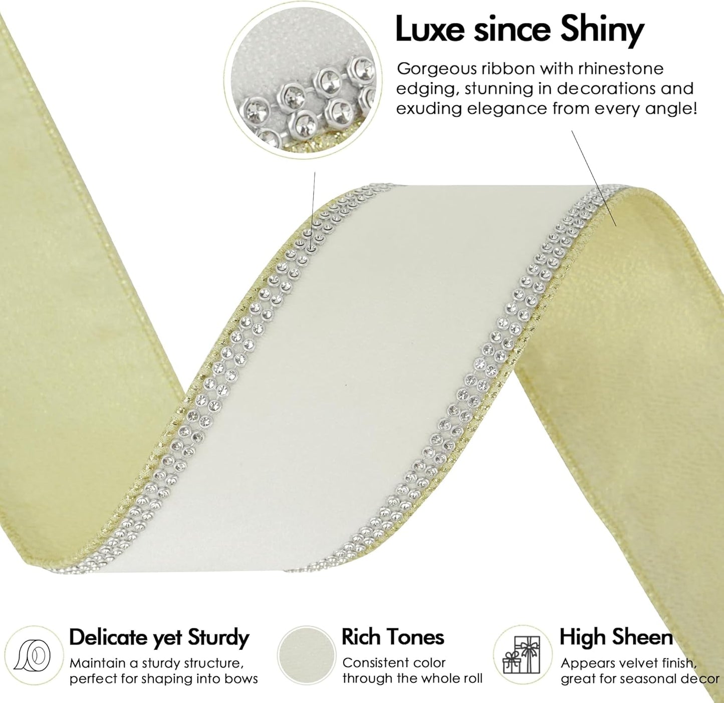 MEEDEE Gold & White Velvet with Rhinstone Edge Wired Ribbon 2.5 Inch Luxury Jeweled Ribbon 5 Yards Sparkling Rhinestone Trim for Christmas Tree, Garland, Wreaths, Holiday Home Decor, Wedding Decor