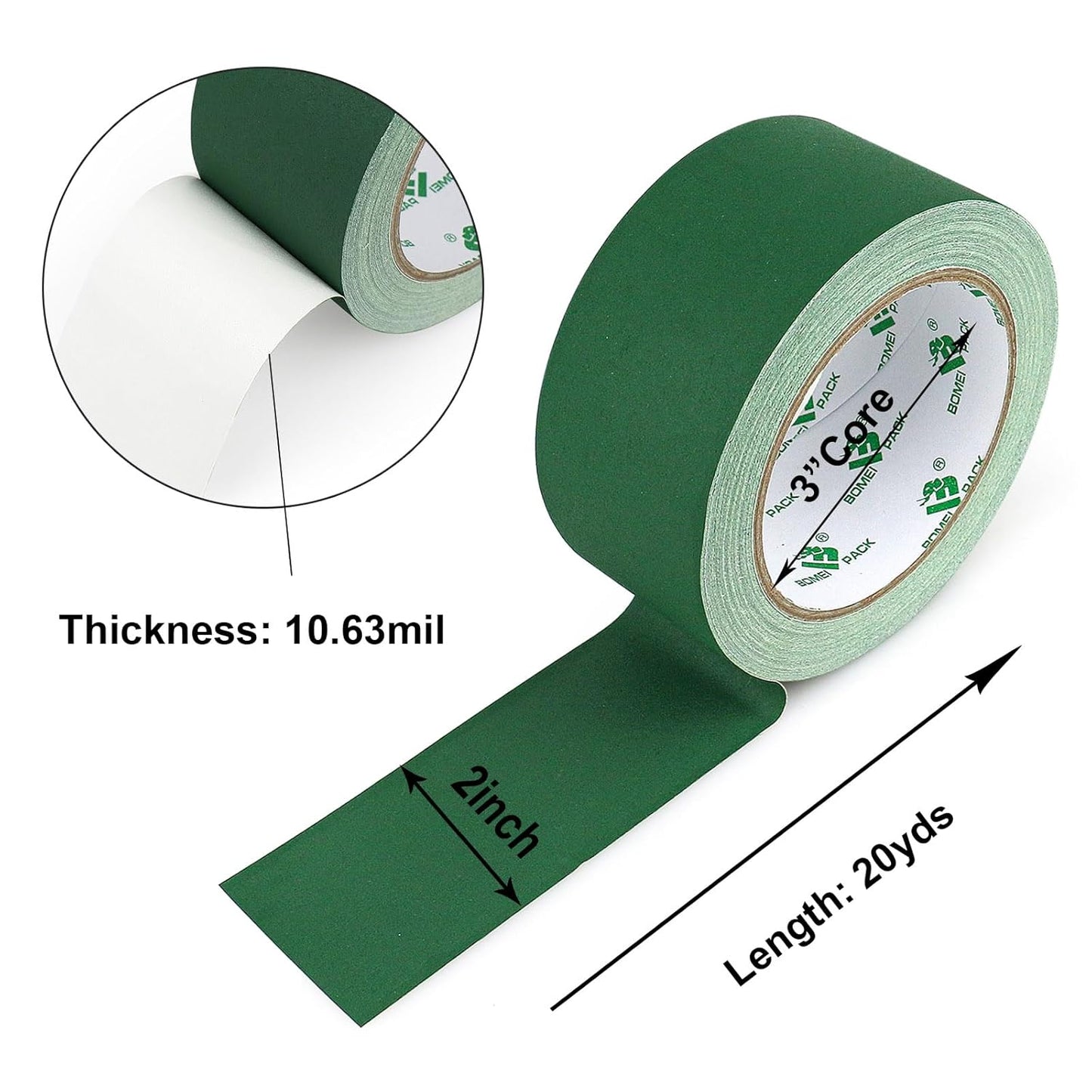 BOMEI PACK 1 Pack Dark Green Gaffer Tape 2inch x 20yds, Matte Non-Reflective Stage Tape, No Residue Hand Tear, for Labeling, Cable, Photo Studio, Painters and Ductwork