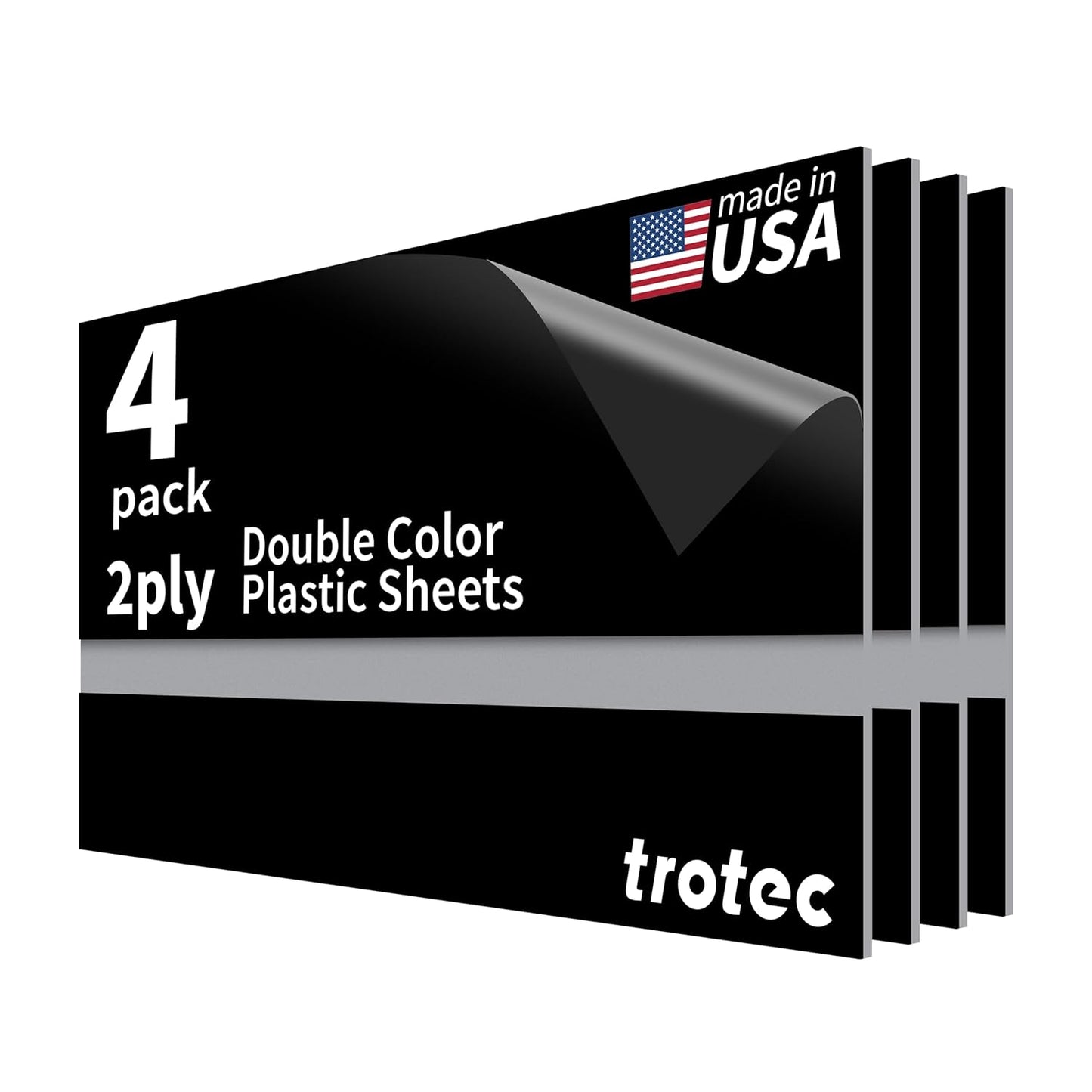 Trotec TroLase | 12"x24"x1/16", 4 Pcs | Black/Silver | 2 Ply | Modified Acrylic | Laser Engraving Double Color Plastic Sheet | Engraving Blanks for Laser, Saw, Guillotine | Made in USA