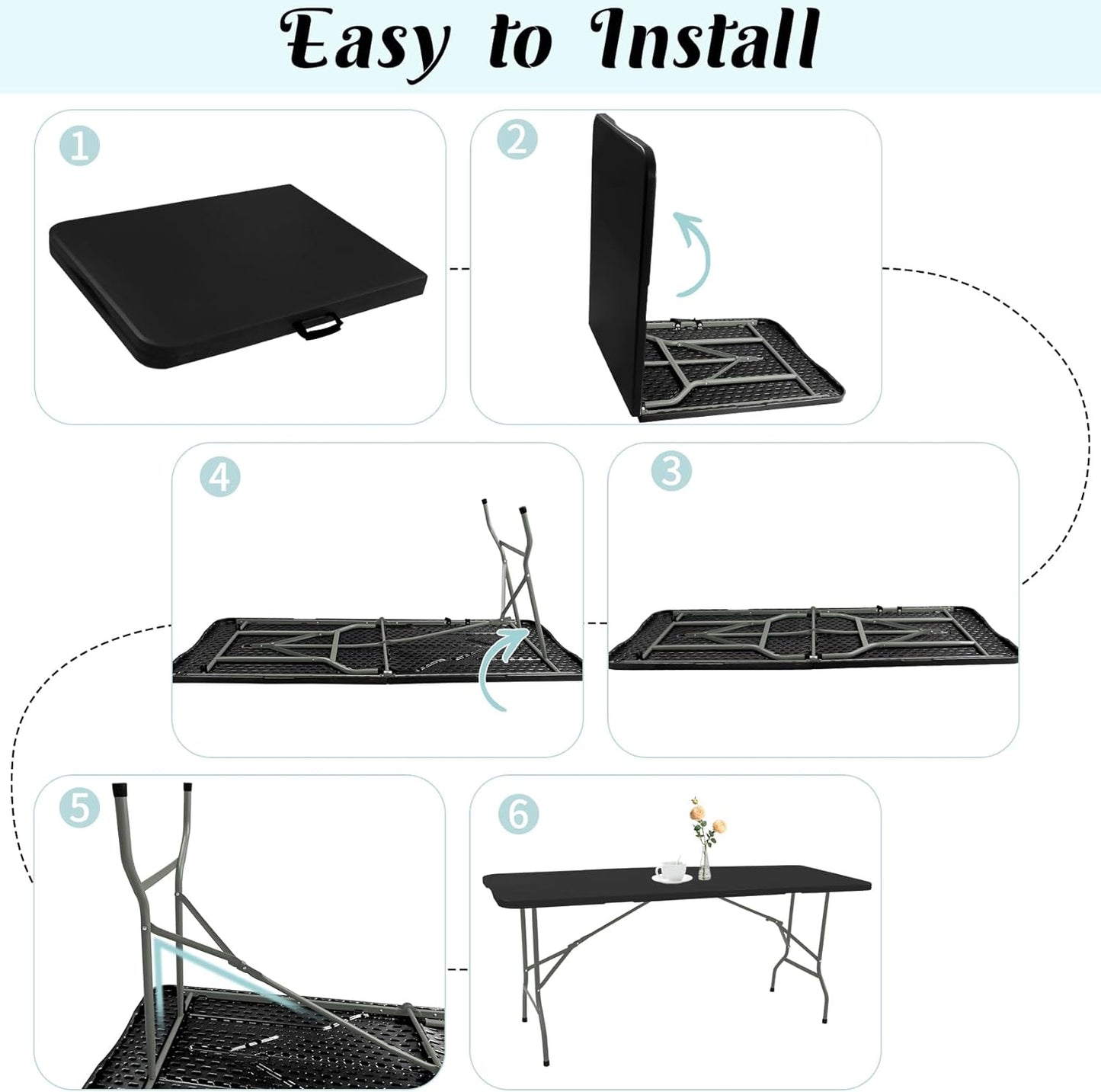 2 Pack 6 FT Folding Tables Black Foldable Table, Fold-in-Half with Carrying Handle Portable Plastic Rectangular Table for Party, Dining, Wedding, Camping, Picnic, Indoor Outdoor Events