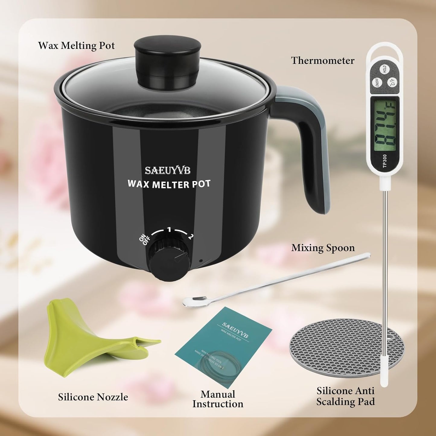 SAEUYVB Candle Making Kit with Wax Melter,Candle Making Supplies,Electric Wax Melter for Adults Beginners with Silicone Nozzle,Thermometer,Stirring Spoon, Silicone Pad,Instructions