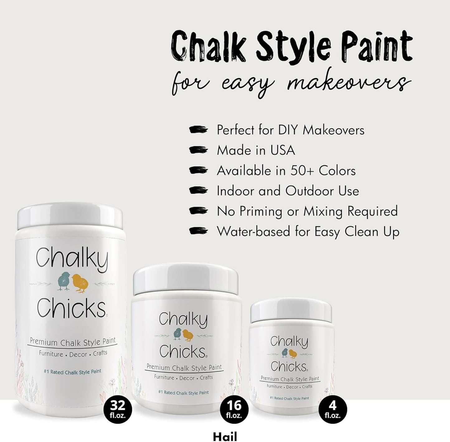 Chalky Chicks All-in-One Chalk Paint for Furniture or Cabinet - 16 Fl Oz - Matte Finish Hail White for Metal, Wood Furniture Paint - No Sanding All-in-One for Home Decor & Crafts, USA Made
