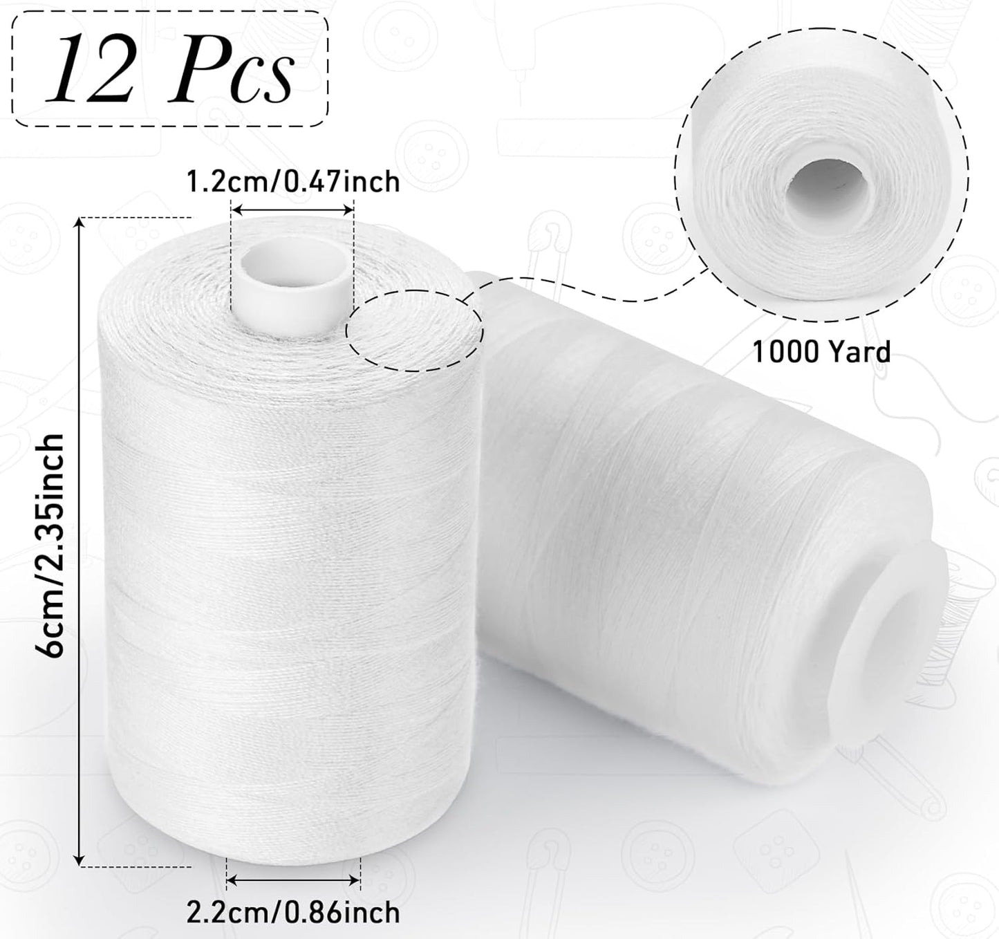 ilauke Thread for Sewing 12 Spools 1000 Yards Each, Polyester All Purpose Thread White Sewing Threads for Sewing Machine/Hand Sewing/Hand Quilting Thread