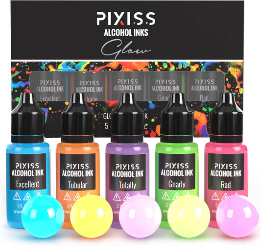 Pixiss Glow in The Dark Alcohol Ink Set - 5 Shades of Brilliantly Glowing Alcohol Ink for Epoxy Resin Supplies, Yupo Paper, Tumblers, Coasters - Resin Colorant for Epoxy Resin and Resin Art Supplies