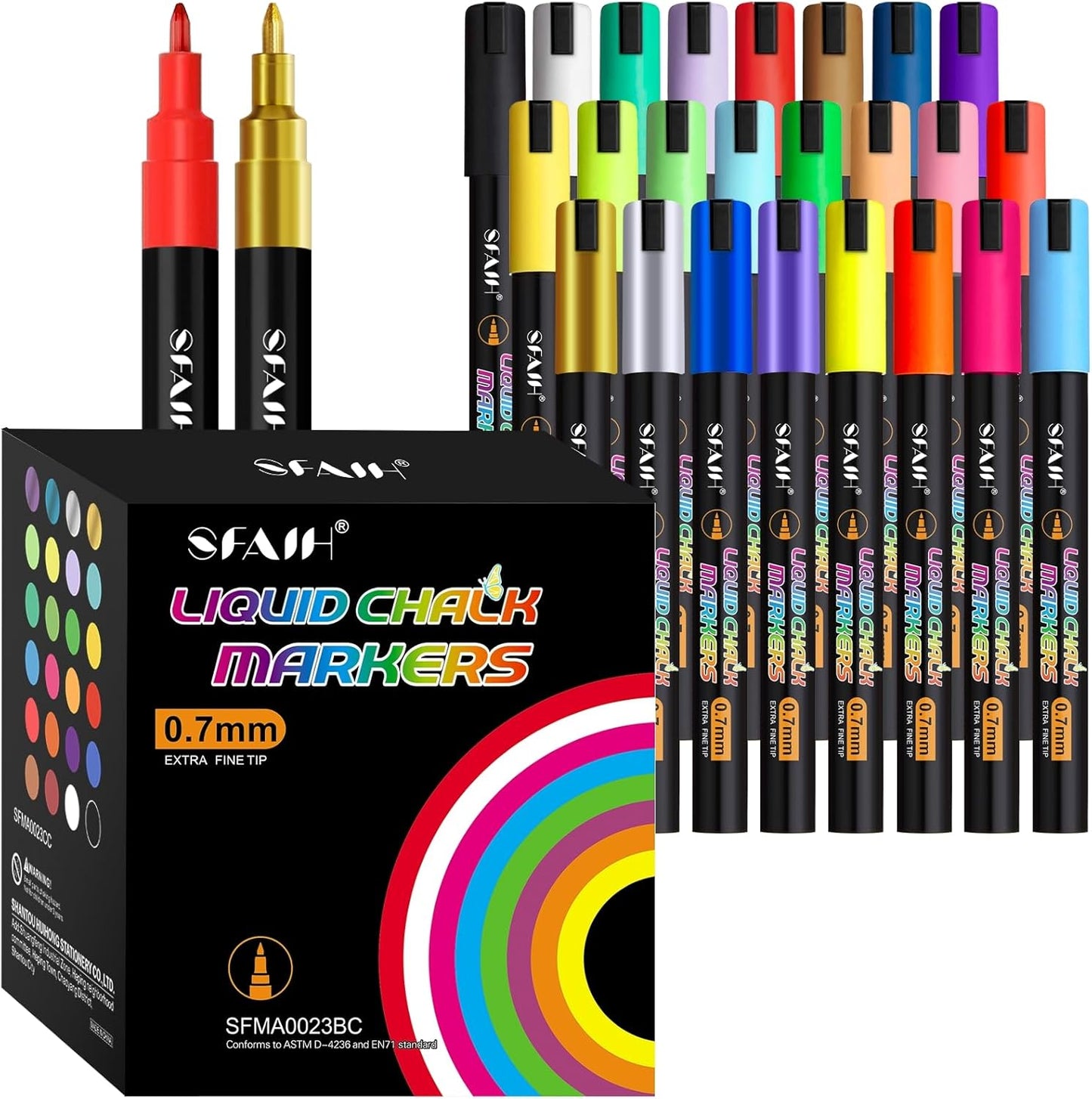 SFAIH Liquid Chalk Markers - 24 Colors 0.7-1mm Fine Tip, Non-Toxic Chalk Pens for Chalkboard Calendar, Acrylic, Glass, Menus, Labels, Signs, Wet Wipe, Zero Dust, Ideal for Home, Business or Bistro