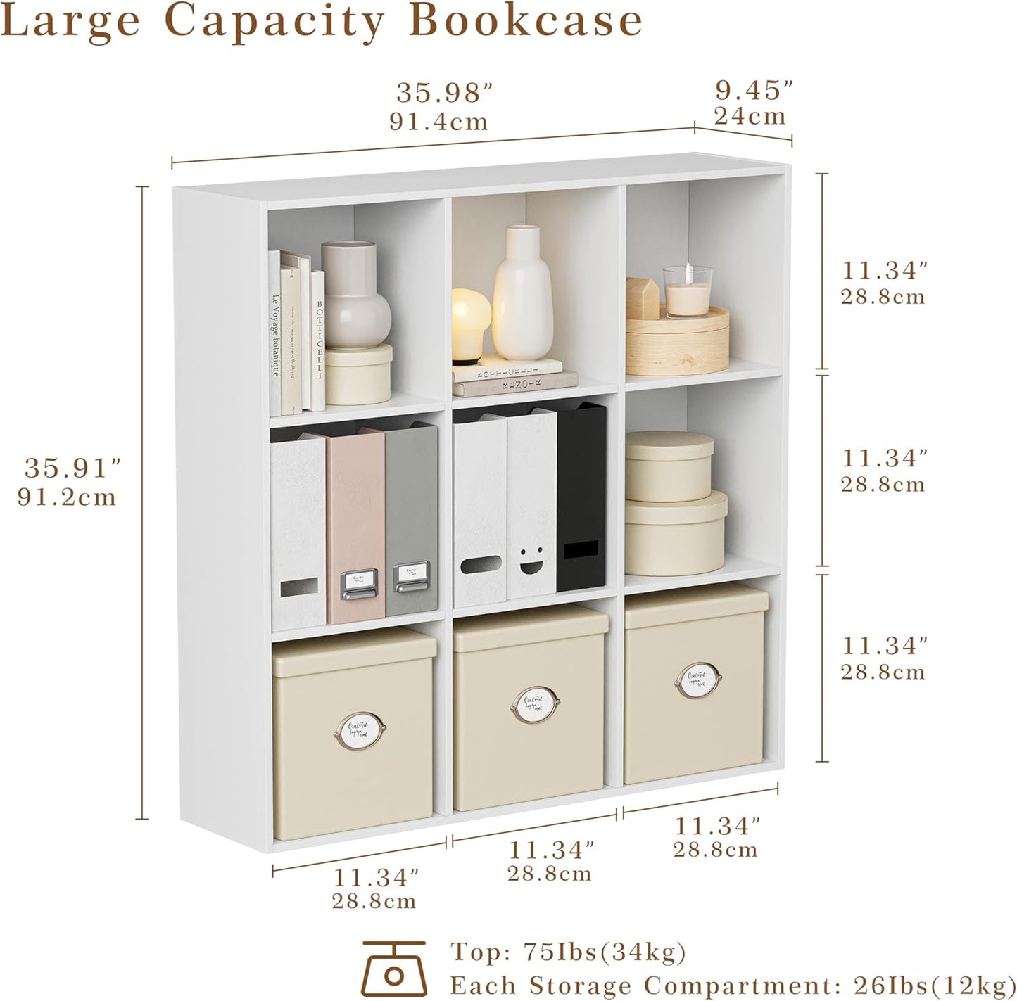 Wooden Storage Organizer with Closed Back Panel, 11in Cube Shelf Opening, Bookshelf, Display Shelf,Closet Cabinet for Home and Office (Embossed White, 9-Cube 35.98L*9.45W*35.91H)