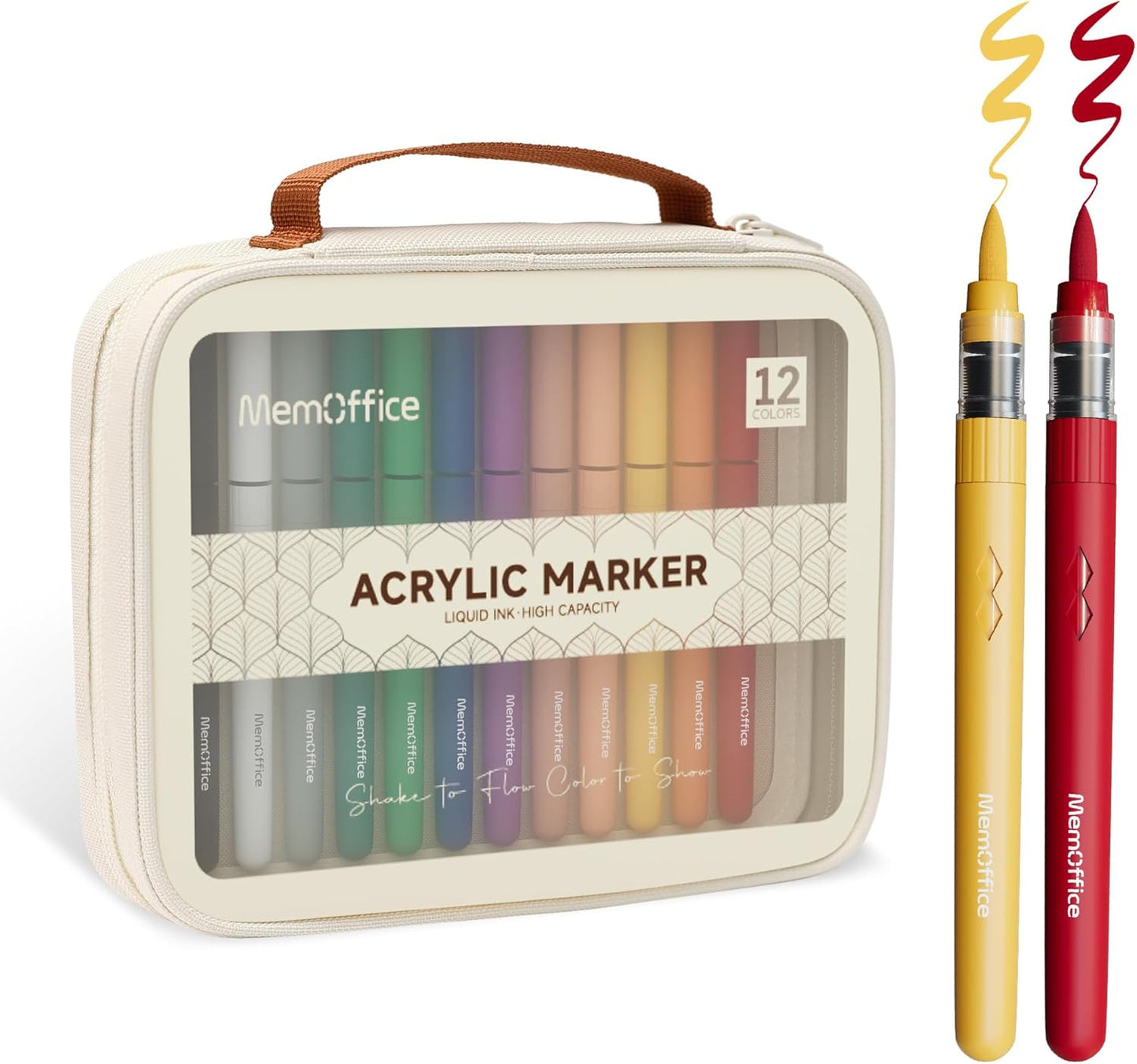 MemOffice Direct Liquid Acrylic Paint Markers, 12 Colors Brush Tip Pens with Carrying Case, No Bleed, Waterproof, for Rock, Wood, Canvas, Glass, Fabric, DIY Crafts for Adults & Kids