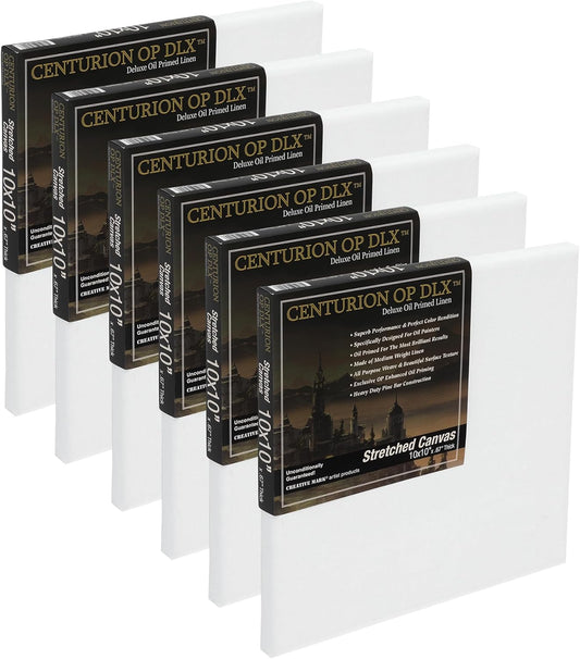 Centurion Deluxe Professional Oil Primed Linen Stretched Canvas, 11oz Linen, 10x10 - Box of 6, 0.67" Deep Canvases, Kiln-Dried Stretchers, Back Stapled, Premium Medium Weight Canvas for Oil Paintings
