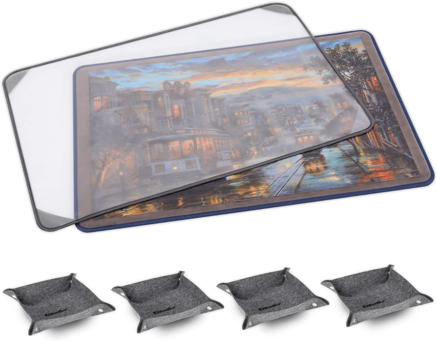Kidoodler Jigsaw Puzzle Board with Cover & Sorting Trays | 33x22 Portable Puzzle Mat for 1000 pcs with 4 Foldable Sorting Trays | 4mm Reinforced Hardboard | Non-Slip Surface | Blue