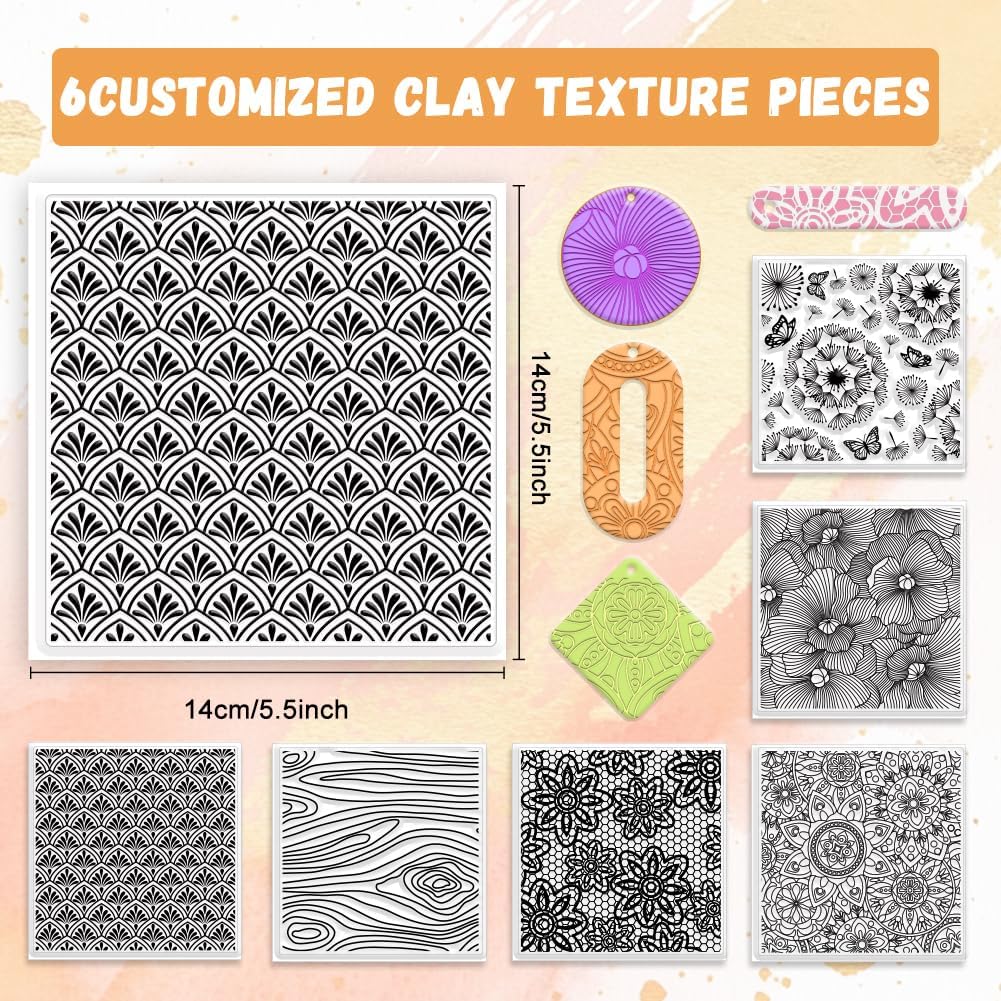 6 PCS Large Polymer Clay Texture Sheets 5.5 x 5.5 Inch Boho Clay Mat Works with Polymer Clay Cutter Pottery Earrings Jewelry DIY Making