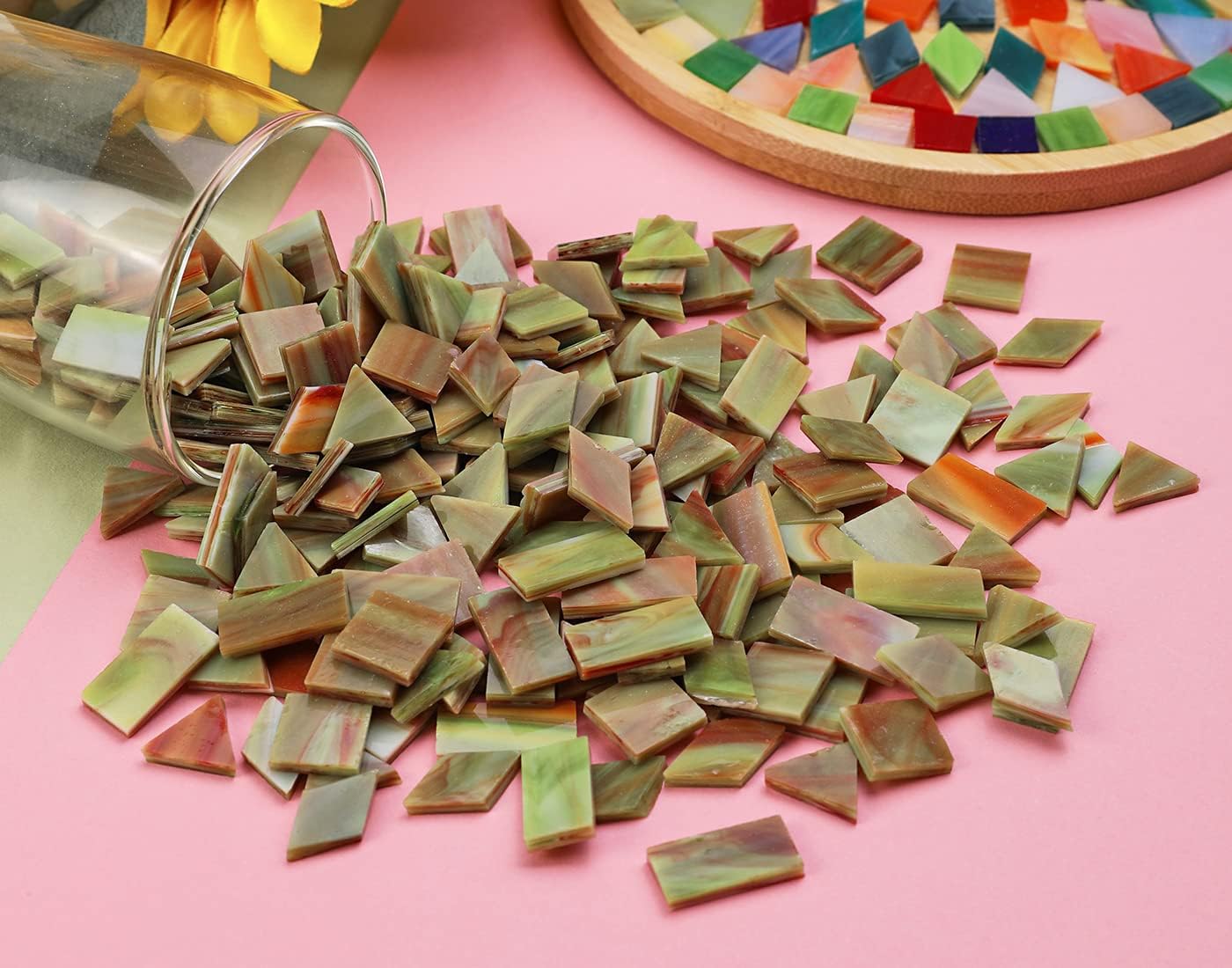 Lanyani Glass Mosaic Tiles for Art Crafts, 4 Shapes Mixed Tiffany Stained Glass Pieces, 200 Pieces, Square/Rectangle/Diamond/Triangle,Green-Red