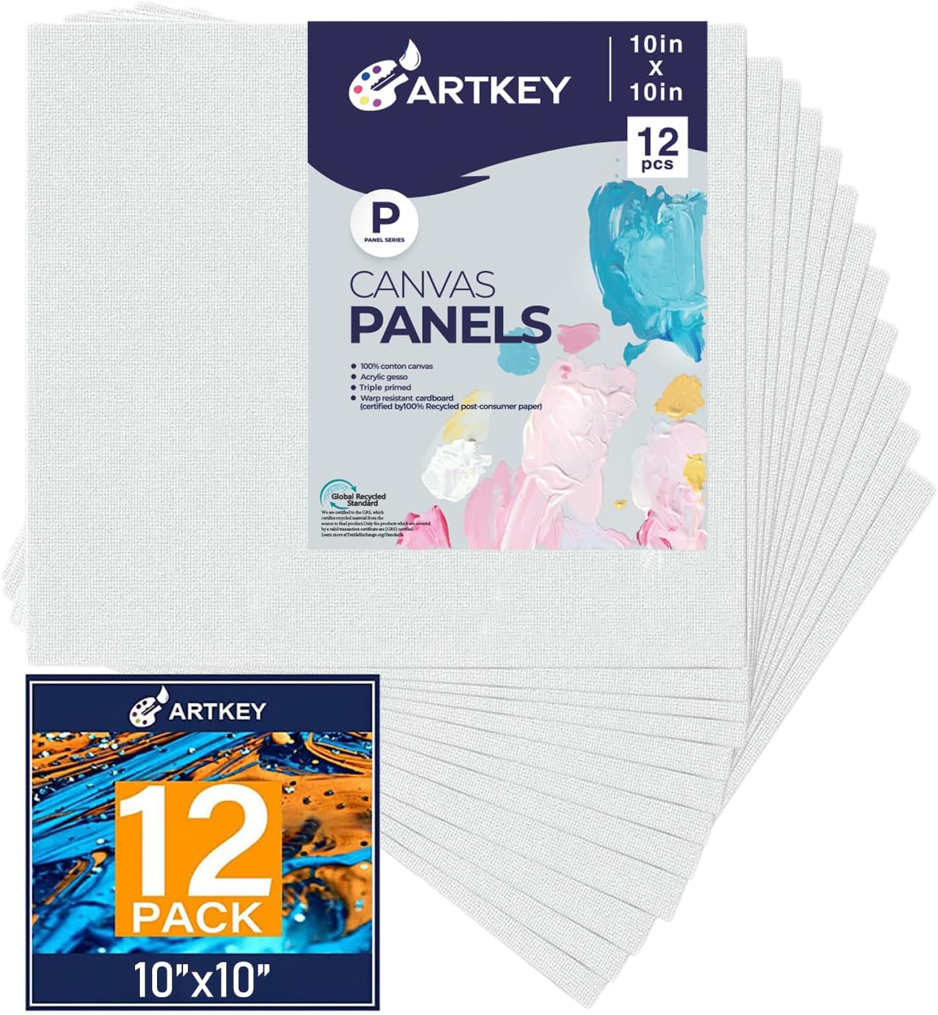 Canvas Panels 10x10 Inch 12-Pack, 10 oz Primed 100% Cotton White Blank Small Canvases for Painting, Square Flat Canvas Board for Oil Acrylics Watercolor & Tempera Paints