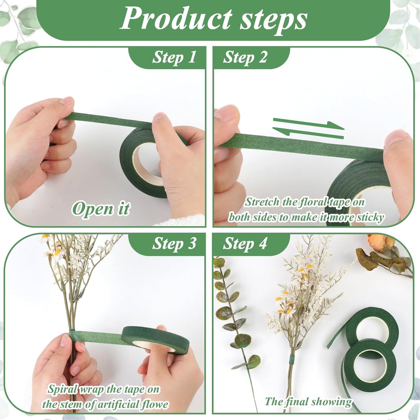 Phinus 9 Rolls Floral Tape, 1/2 Inch x 30 Yard Flower Tape, Green Floral Tape for Floral Crafts Supply, Bouquet Stem Wrapping, Wedding Bouquet (Dark Green)