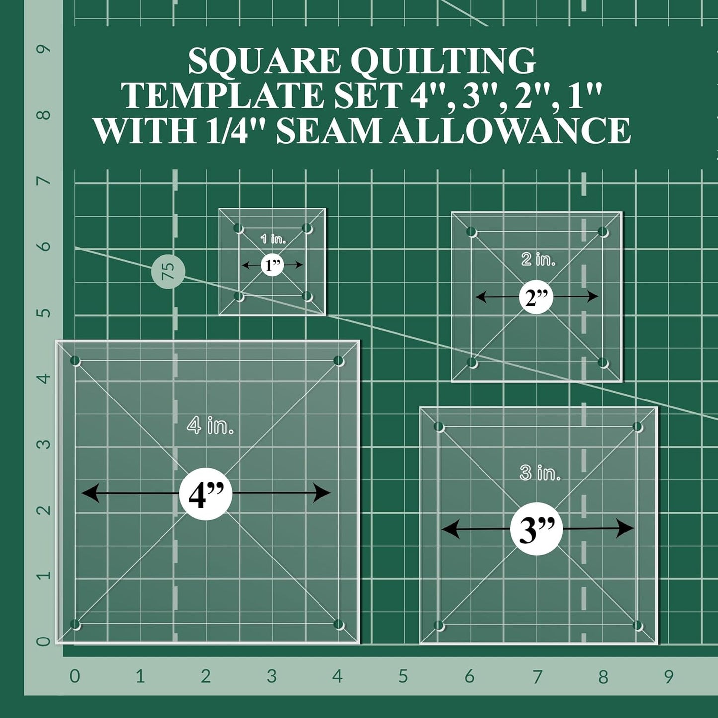 Quilting Acrylic Template Set | Precision Tools for Quilting Enthusiasts | Square Design | Includes Sizes 4", 3", 2", 1" | 1/8 Clear Acrylic | 1/4" Seam Allowance for Accuracy