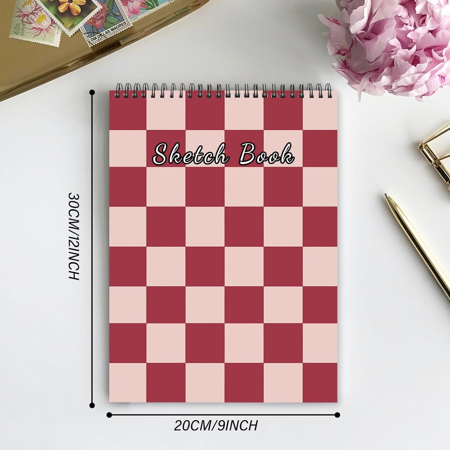 Cabreche Cute Sketchbook Top Spiral Bound Sketch Pad, 9 x 12 inch,100GSM Thick Paper,50 Sheets 100 Pages,Art Sketch Book Artistic Writing Drawing Paper for Girls Women Beginners-Pink Checkered
