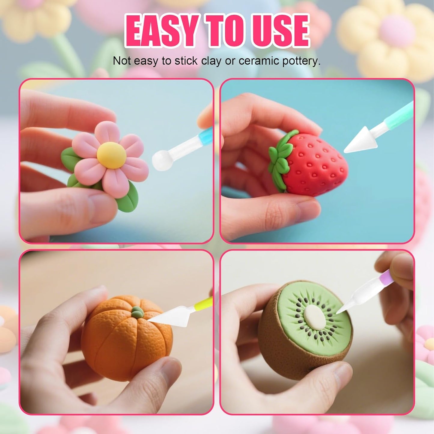 15 PCS Basic Polymer Clay Tools, Dotting Tools, Clay Sculpting Tools Acrylic Roller Pin, Clear Rectangle Sheet Press Board, Double-Ended Pottery Carving Set for Beginner