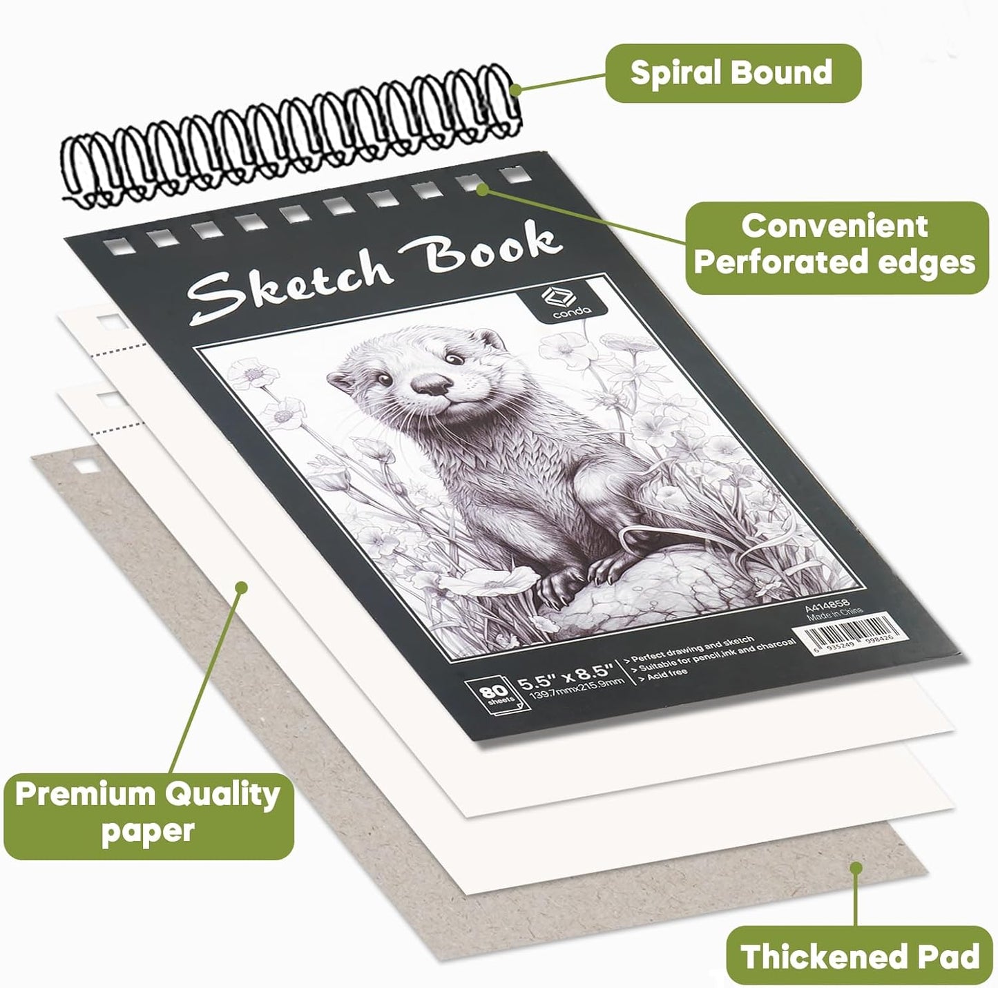 CONDA 5.5 x 8.5 Sketchbook Book - Top Spiral Bound Pad, 2 Packs of 100-Sheets (68lb/100gsm) Acid Free Artistic Paper for Drawing, Painting, Writing - Ideal for Beginners Artists