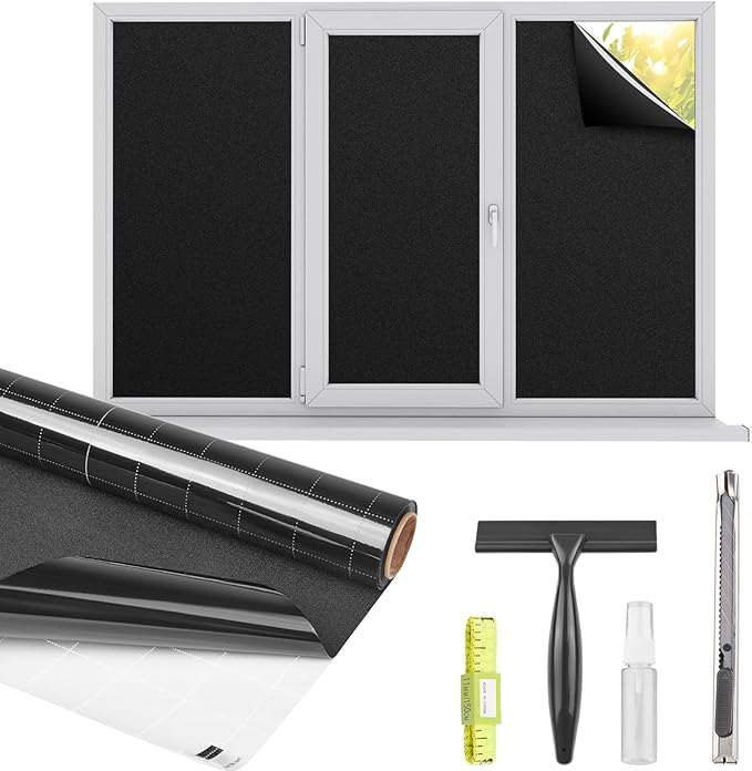 Kromapolis Blackout Window Privacy Film Total Light Blocking Room Darkening Window Covering, Removable Static Cling Frosted Glass Tint, Non-Adhesive, Black 23.6'' x 118.1''