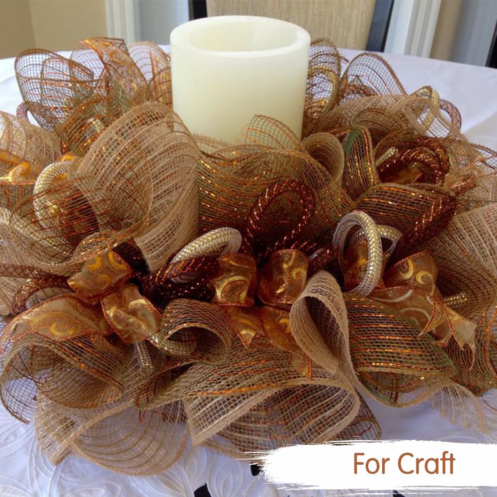 TONIFUL 2 Rolls 10 Inch Dark Gold Decorative Mesh Ribbbon Rolls, Fabric Mesh with Foil for Wreath Supplies, Front Door Wreath Crafts Tree Decor Christmas NewYears Halloween Decoration (10 yds/roll)