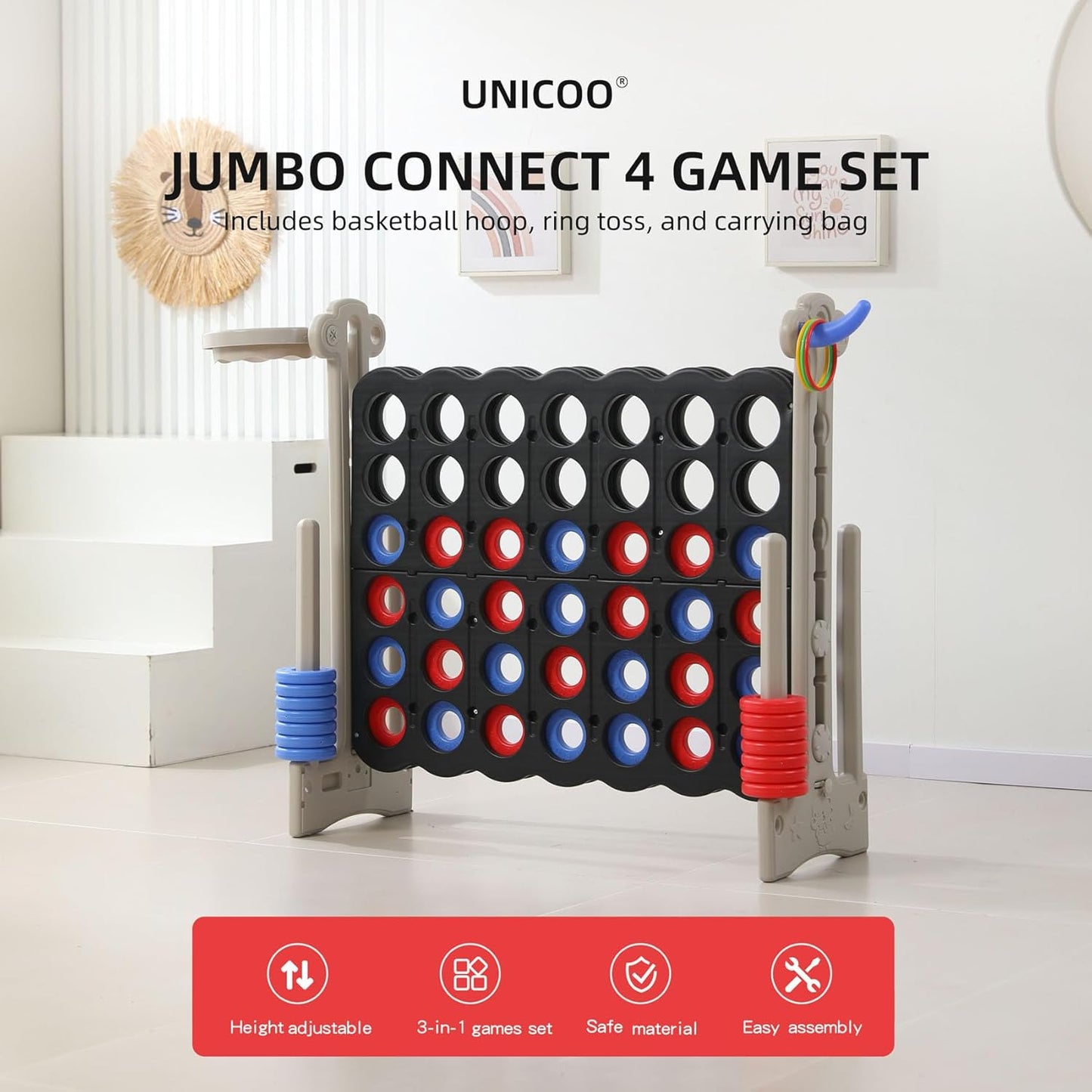 UNICOO® Height Adjustable Jumbo 4-to-Score Game, 4 in A Row Game with Basketball Hoop, Ring Toss, Carrying Bag, Indoor Outdoor Yard Game, Parties & Family Gatherings