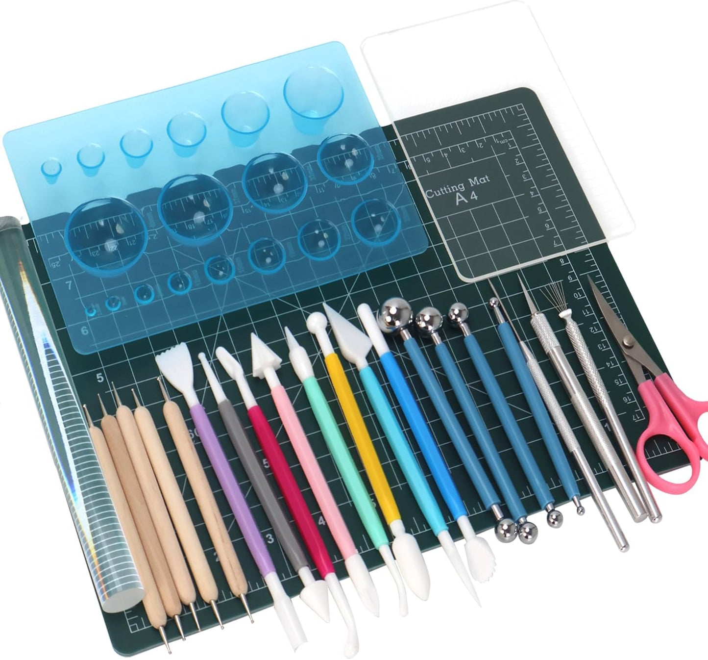 26 PCS Upgraded Polymer Clay Tools, Clay Sculpting, Acrylic Roller Pin, Polymer Clay Cutters Dotting Tools, Rectangle Sheet Press Board Wire Texture Set Needle Detail Modelling Supplies