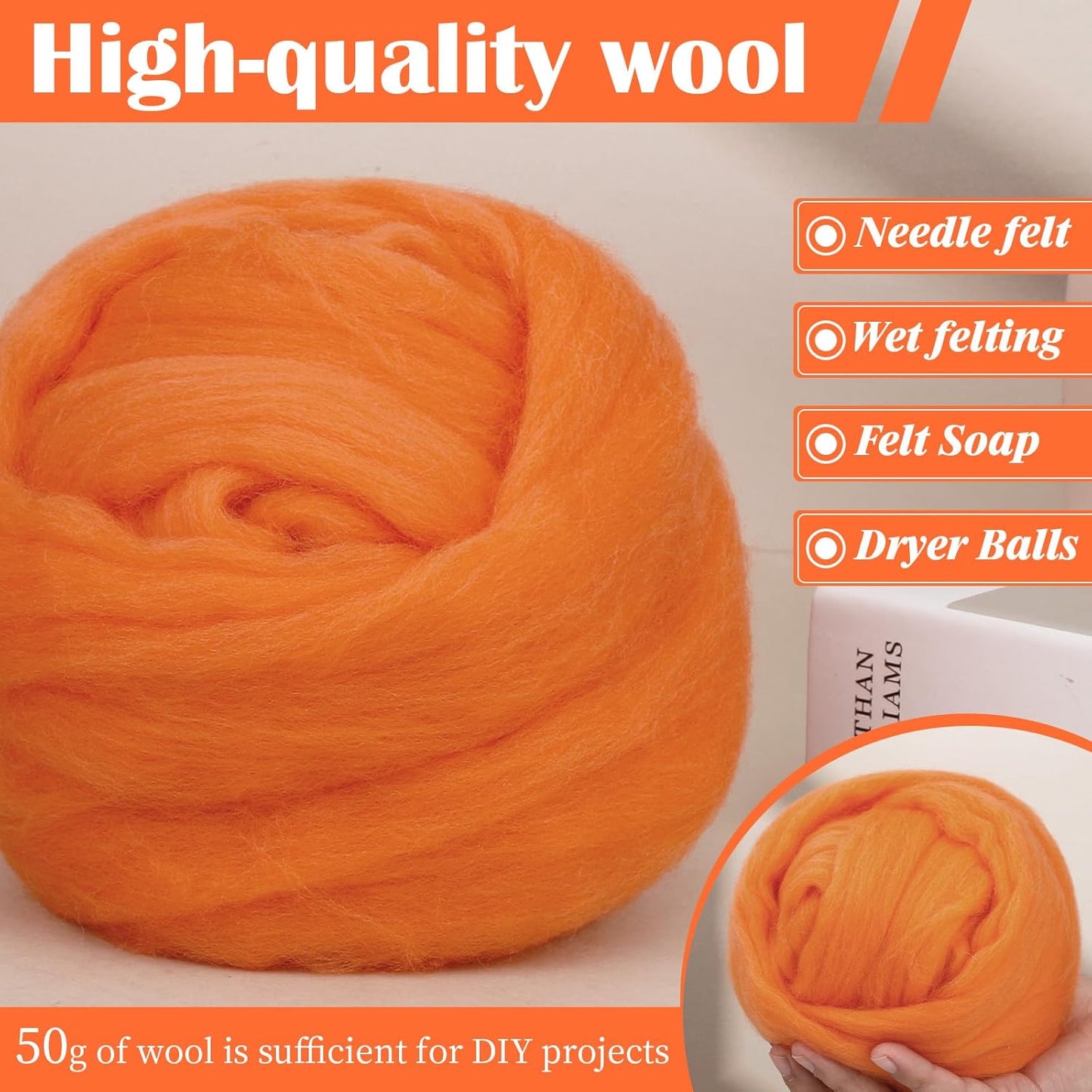 Mayboos Wool Roving Yarn, 1.76oz Colored Natural Wool Roving,Wool Felting Supplies Pure Wool Chunky Yarn for Wet Felting handcrafts and Spinning (Orange Color)