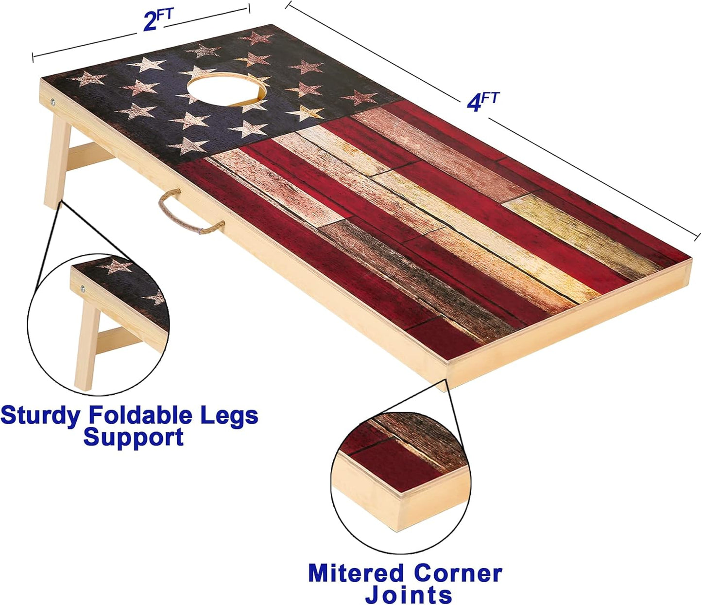 Solid Wood Vintage Cornhole Game Set, Two 4'x2'Cornhole Boards, 8 Cornhole Bags for Indoor and Outdoor Toss Games Competitions, Tournaments