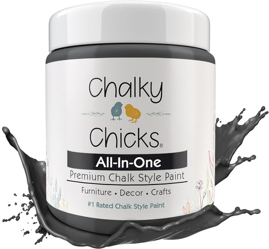 Chalky Chicks All-in-One Chalk Paint for Furniture or Cabinet -8Fl Oz -Matte Finish Gun Metal Gray (Dark Gray) for Metal, Wood Furniture Paint - No Sanding All-in-One for Home Decor & Crafts, USA Made