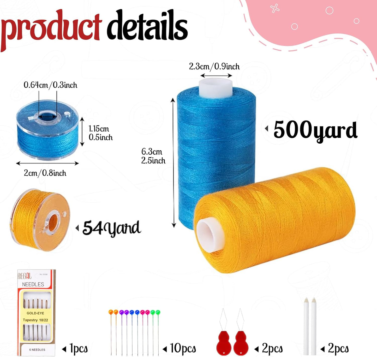 Thread for Sewing, 144 Pcs Bobbins Sewing Thread, 60 Colors Polyester Sewing Thread Spools, 500 Yard Prewound Bobbins Thread, Sewing Supplies for Beginners, Stitching, Travel, DIY