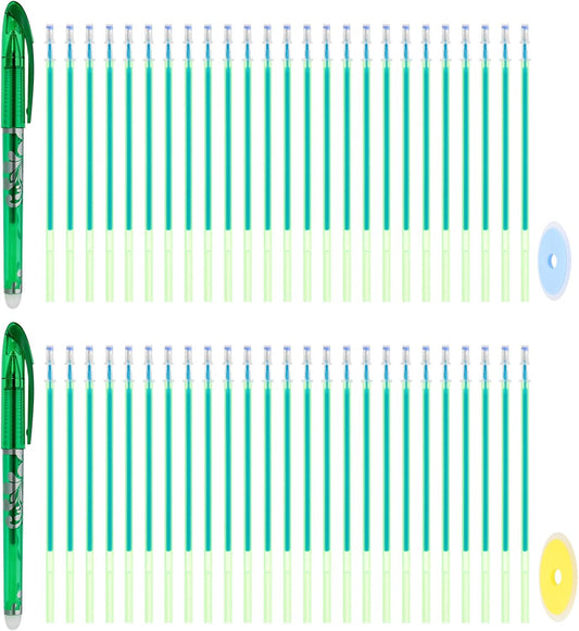 PATIKIL 2Pcs Erasable Gel Pens with 50 Refills & 2 Erasers, 0.5mm Heat Erasable Pens for Fabric Green Ink Fabric Marking Pen for Sewing Quilting Planner Writing