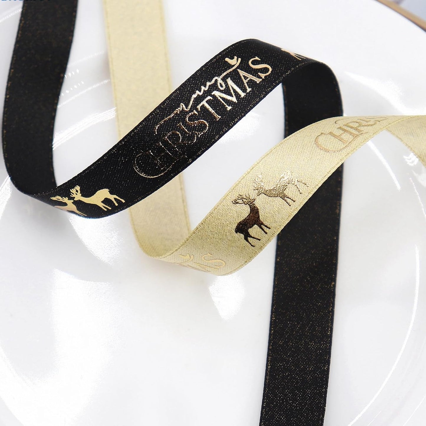 Christmas Gift Wrapping Ribbon, Red, Green, 2 Rolls Printed Grosgrain Ribbons for Crafts, Floral Bouquets, Sewing, Party and Festive Holiday Decor (2 Rolls(Black/Gold), 1 Rolls=5/8in * 5Yards)