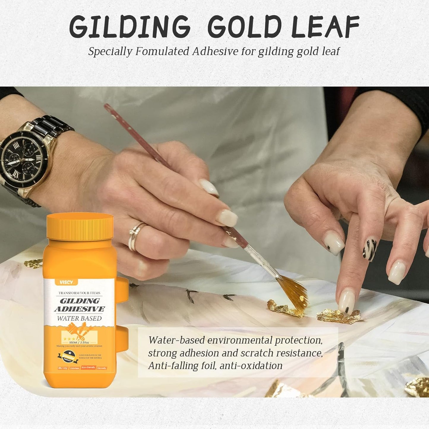 Gold Leaf Adhesive, Gilding Adhesive Set with 100ml Water Based Metal Leaf Glue and 100ml Varnish, 100 pcs Foil, 2 Brushes, Foil Wiping Cotton, for Arts, Crafts and Painting.