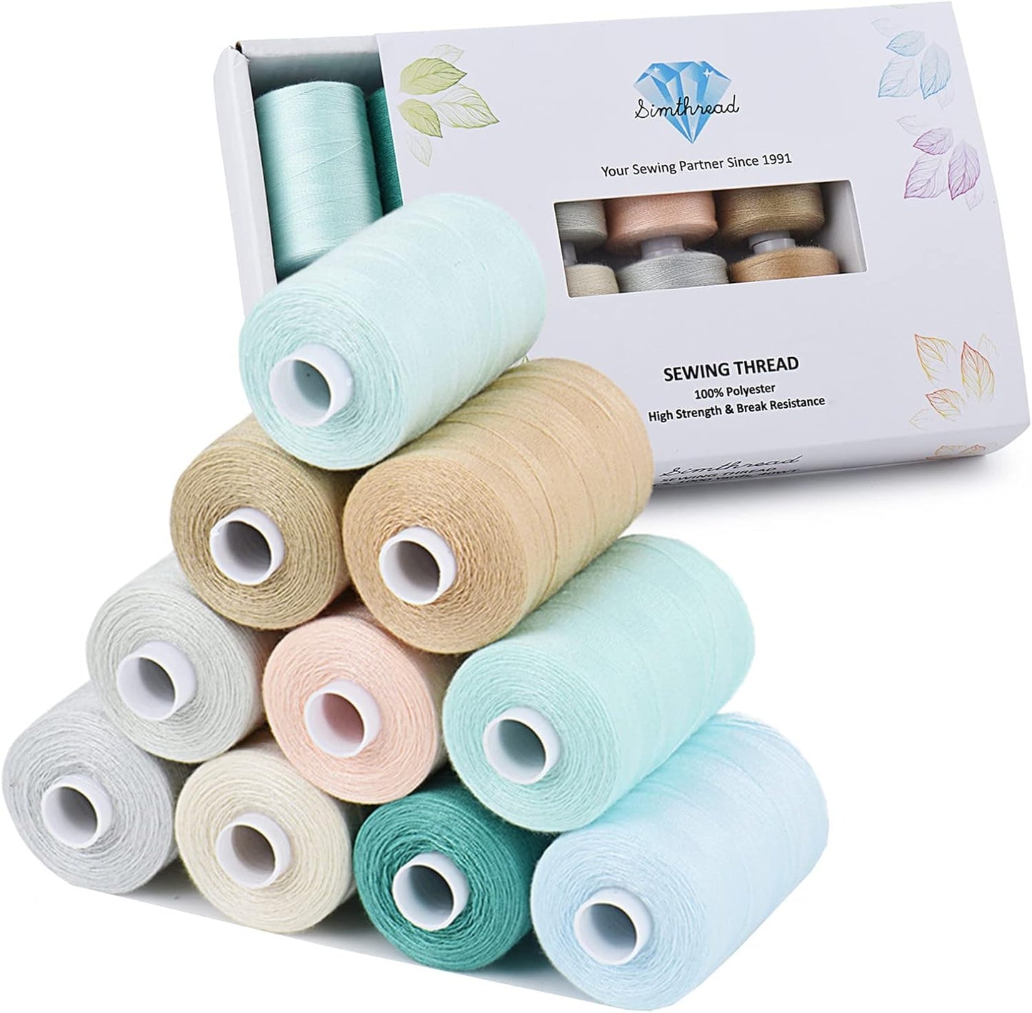 Simthread All Purposes Sewing Thread, 10 Spool Assorted Macaron Series 1000 Yards Each Bobbin Polyester Thread for Sewing, Handy Polyester Sewing Threads for Sewing Machine - (Macaron Color Series)