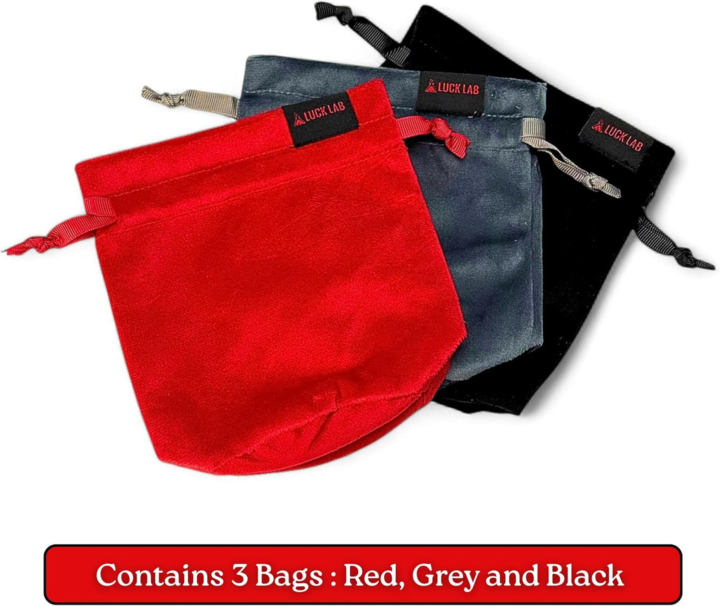 Luck Lab Velvet Drawstring Dice Bag - Set of Three Colors - Dungeons and Dragons Fabric/Standing Cotton Fabric Dice Bags/D&D Dice Pouch/Small Pouch/Velvet Jewelry Bag (Red, Black, Grey)