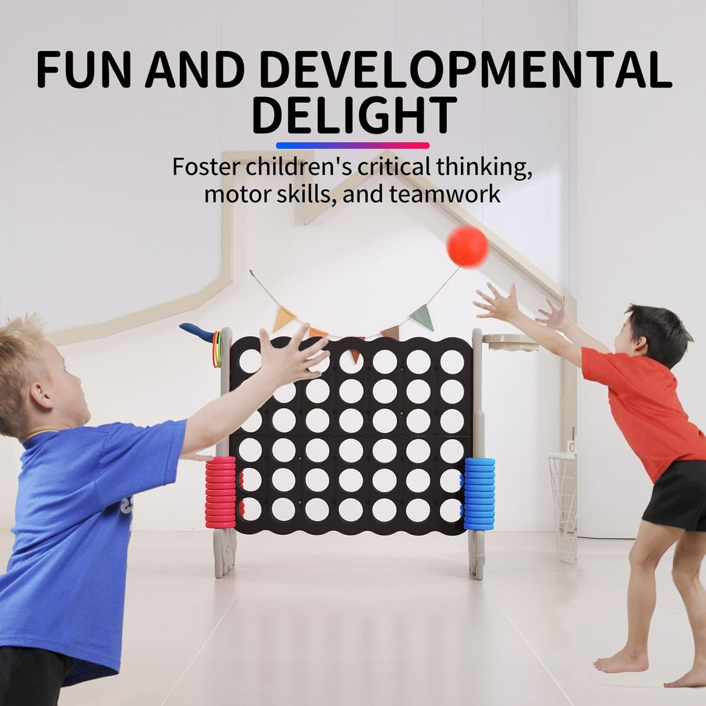 UNICOO Giant 4-in-A-Row with Carry Bag, Ring Toss, Basketball Hoop - Large Outdoor Game for Family Fun - Big Jumbo Game Set for Backyard Parties, BBQs, and Gatherings (Black & Grey)