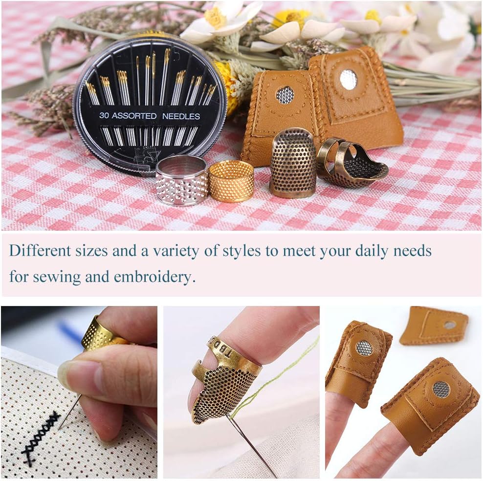 8 Pcs Thimble + 30 Pcs Sewing Needles, Finger Protector Fingertip Adjustable Metal Bronze Rings and Leather Coin Thimble for Needlework, Hand Embroidery Craft