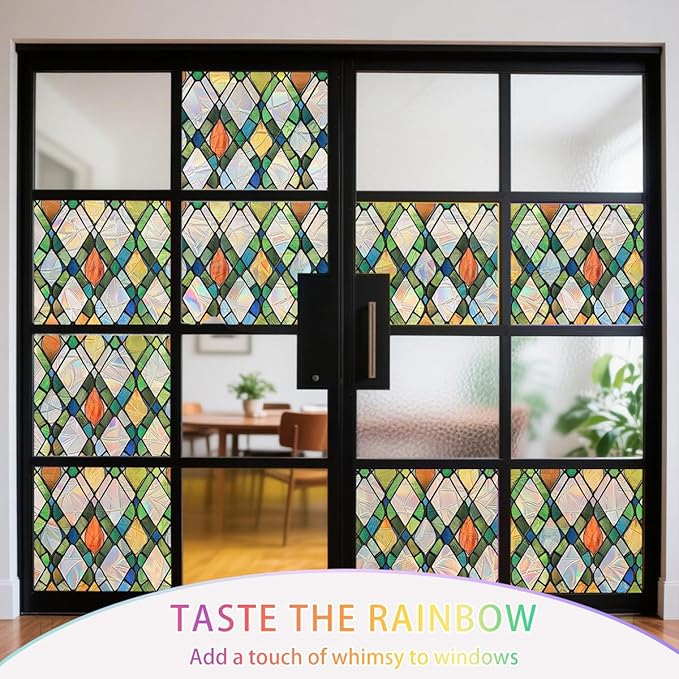 Lattice Stained Glass Window Film Static Cling with Tools - 35.4 x 78.7 Inch Non-Adhesive Privacy Decorative Rainbow Film for Windows, Doors, Sidelights - Easy Install & Remove