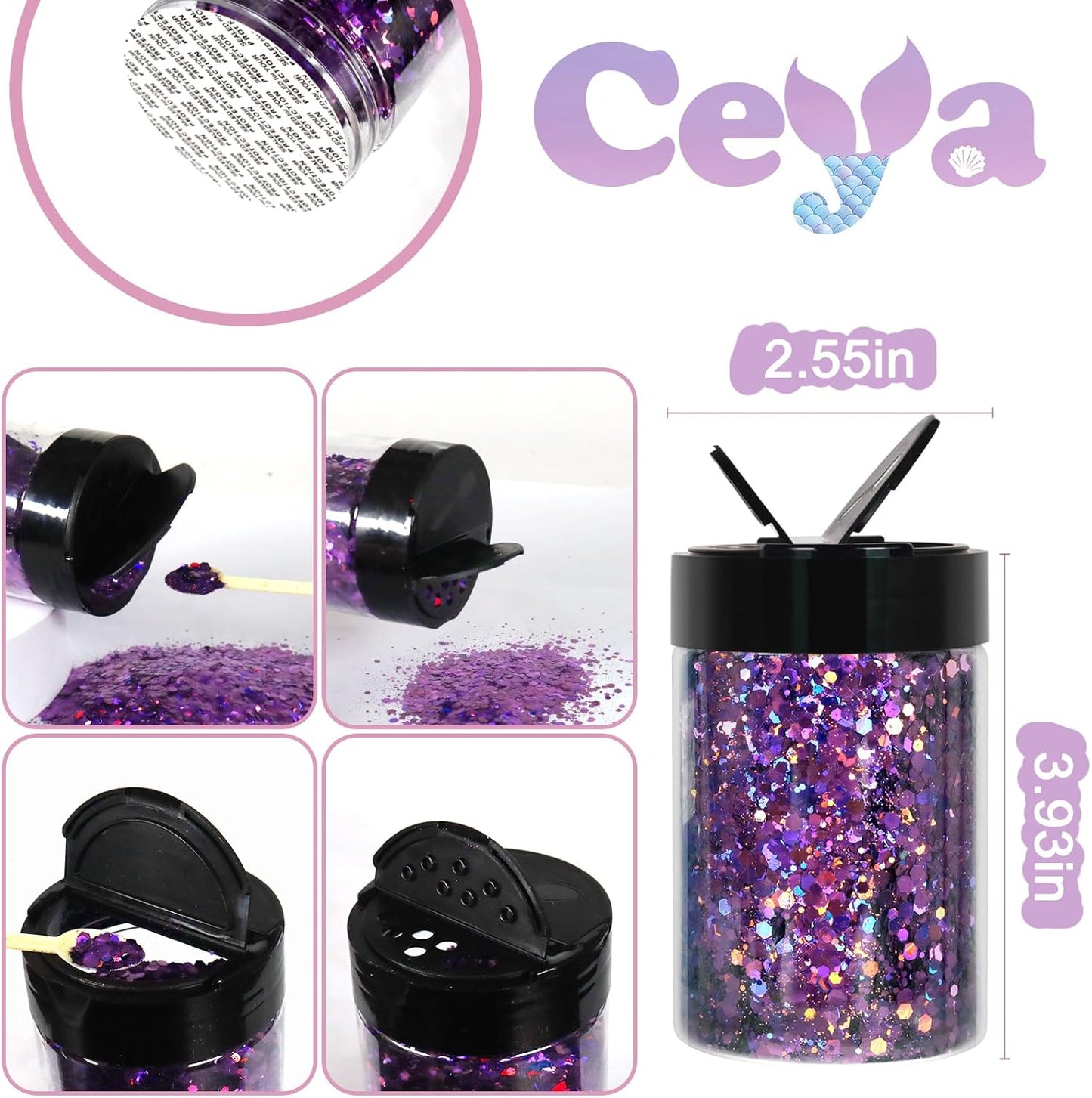Ceya Holographic Chunky Glitter, 4.9oz/ 140g Purple Craft Glitter Powder Mixed Chunky & Fine Flakes Iridescent Nail Sequins for Nail Art, Hair, Epoxy Resin, Tumblers, Slime, Painting, Festival Decor