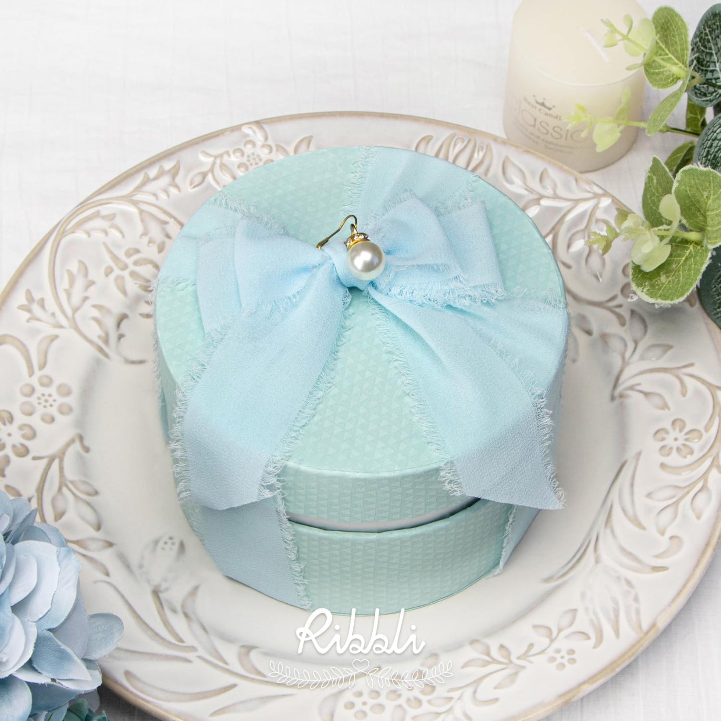 Ribbli Ice Blue Chiffon Silk Ribbon, 1-1/2 inch x 20 Yard, Handmade Fringe, Wedding Invitations, Bridal Bouquets, Home Decor