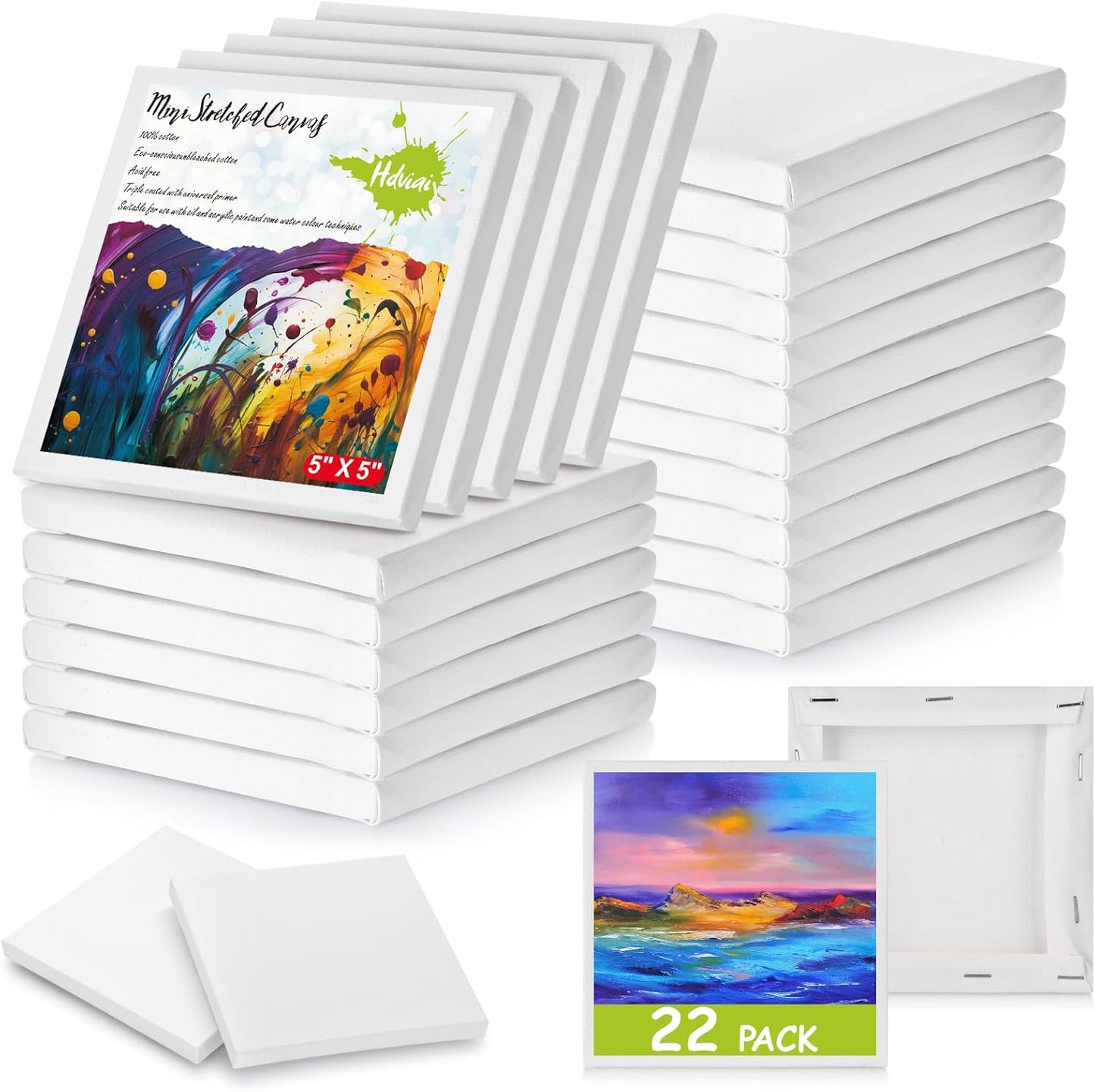 22PCS Mini Canvases for Painting - 5x5In Bulk Profile Small Square Canvases - 100% Cotton Mini Stretch Canvas for Children's Painting Art Supplies, School Home Decorating Projects