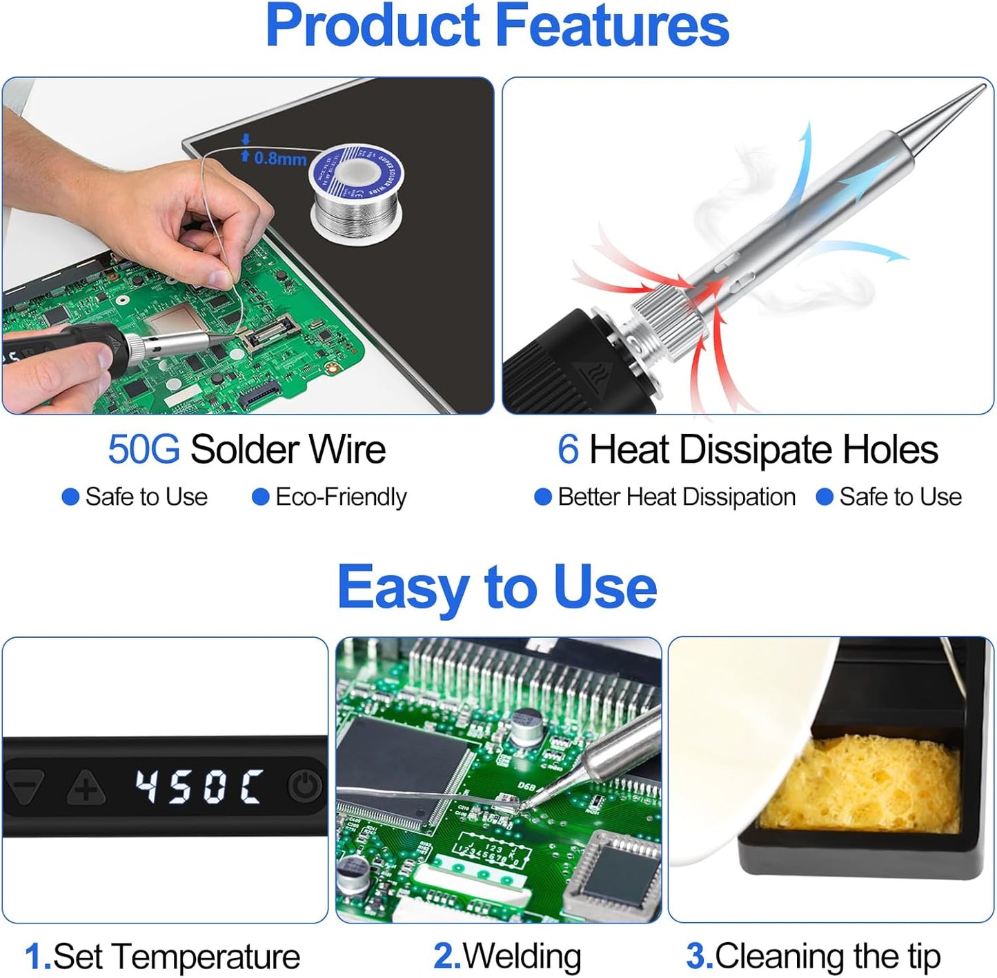 120W LED Soldering Iron Kit, 7s Fast Heating Adjustable Temp 356-968℉ Auto Sleep Precision Welding Gun Tools Electronics Repair with Solder Wire, 5 Soldering Tips, Desoldering Pump, Stand, Tweezers