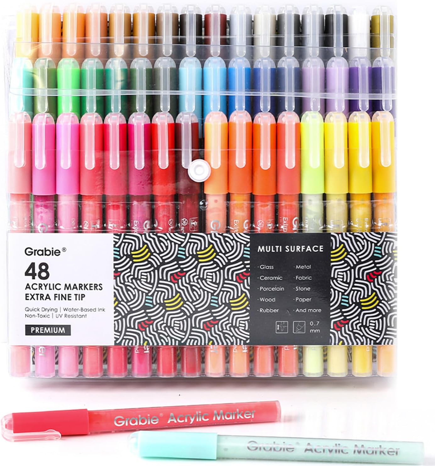 Grabie Acrylic Paint Pens Markers, 48 Colors, 0.7 mm, Extra Fine Tip Drawing Markers, Premium Paint Pens for Painting on Various Surface, Art Supplies, Set of 48