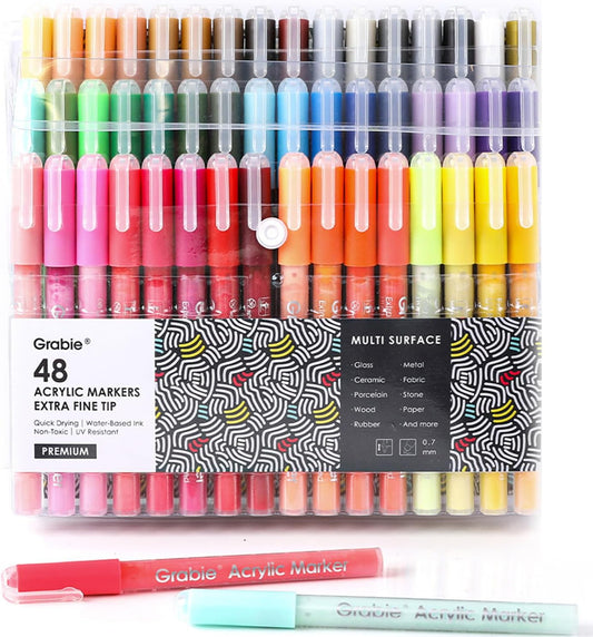 Grabie Acrylic Paint Pens Markers, 48 Colors, 0.7 mm, Extra Fine Tip Drawing Markers, Premium Paint Pens for Painting on Various Surface, Art Supplies, Set of 48